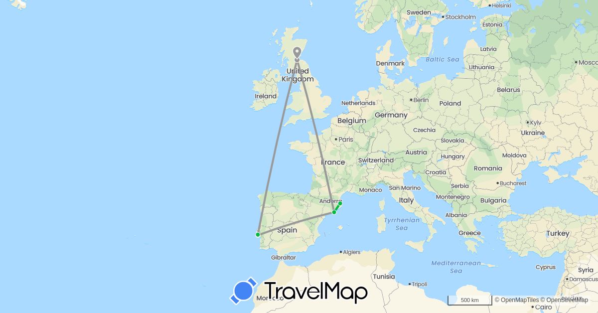 TravelMap itinerary: driving, bus, plane in Spain, United Kingdom, Portugal (Europe)